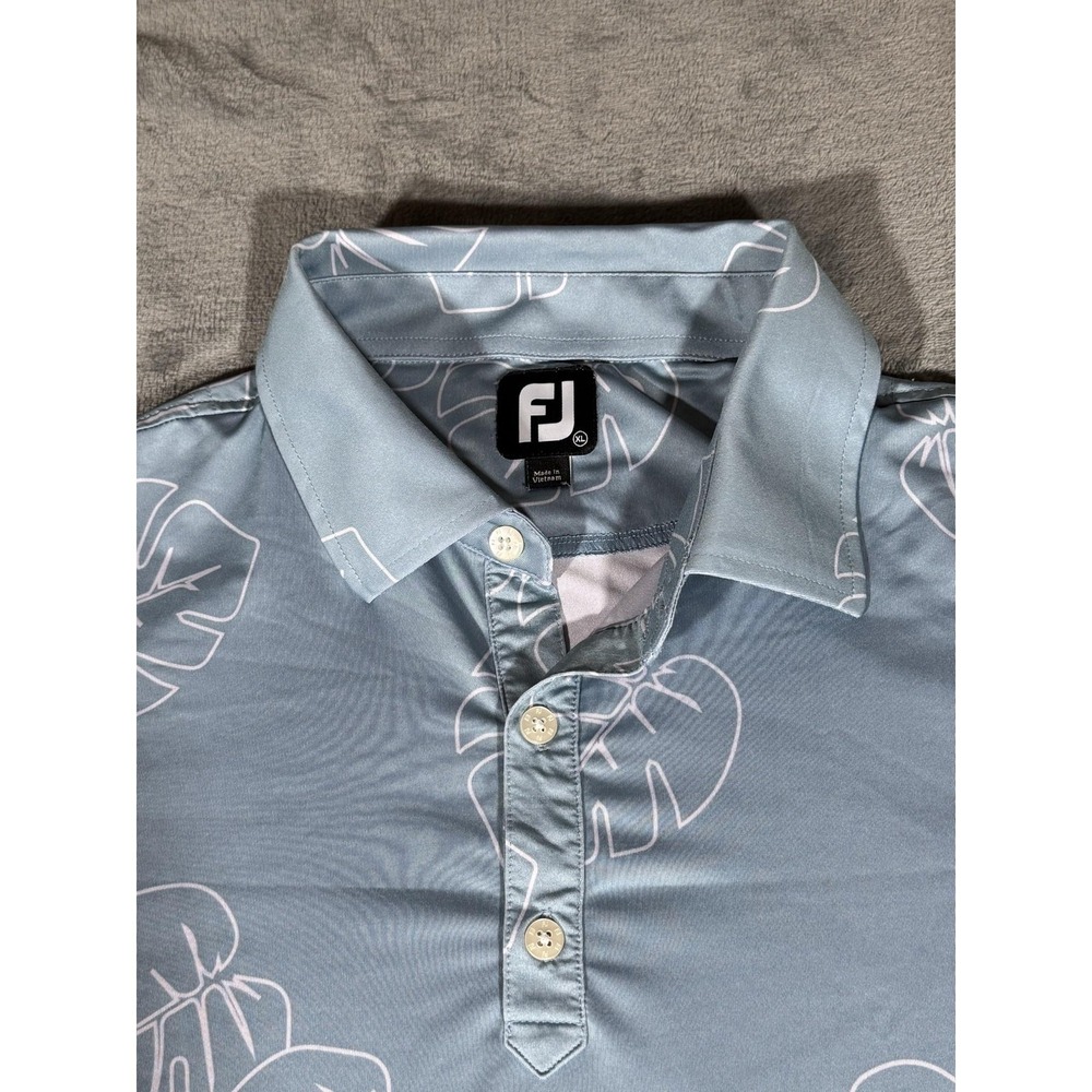 FootJoy Polo Shirt Mens XL Blue Tropical Leaf Short Sleeve Golf Performance - Picture 2 of 12